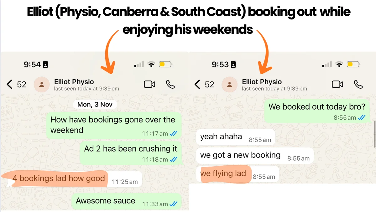 WhatsApp messages from Elliot: 4 bookings lad how good, and later, we got a new booking, we flying lad.