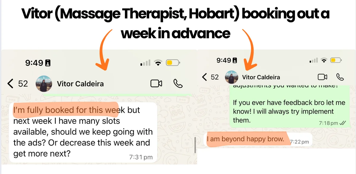 WhatsApp messages from Vitor: I'm fully booked for this week but next week I have many slots available, should we keep going with the ads? And later: I am beyond happy bro.